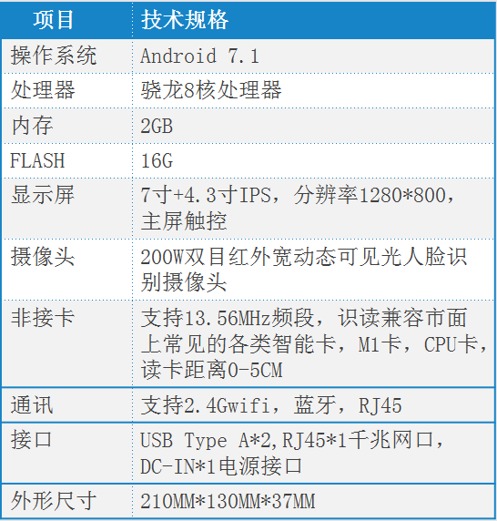 环云人脸识别消费机的产品规格
